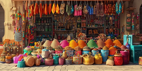 Obraz premium A colorful Indian market stall, overflowing with spices, jewelry, and handicrafts, beckoning shoppers with its bright colors and aromas.