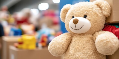 Cute teddy bear toy in focus with colorful soft toys in the background.