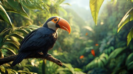 Naklejka premium A Toucan Perched on a Branch in a Lush Tropical Forest