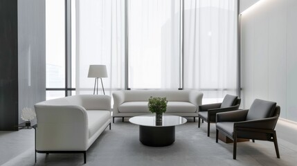 A contemporary executive lounge-inspired minimalist living room design set against a white canvas backdrop, furnished with minimalist executive lounge furniture arrangements