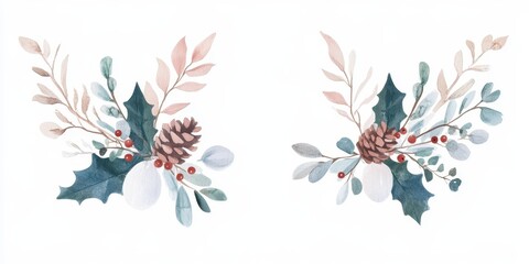 Obraz premium Elegant holiday floral arrangement with pinecones and greenery on white background.