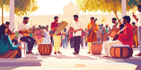 A group of Indian musicians playing traditional instruments together in a public square