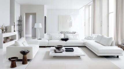 Fototapeta premium A contemporary living room design boasting a white canvas backdrop, Showcasing sleek and streamlined furniture, Urban modern style
