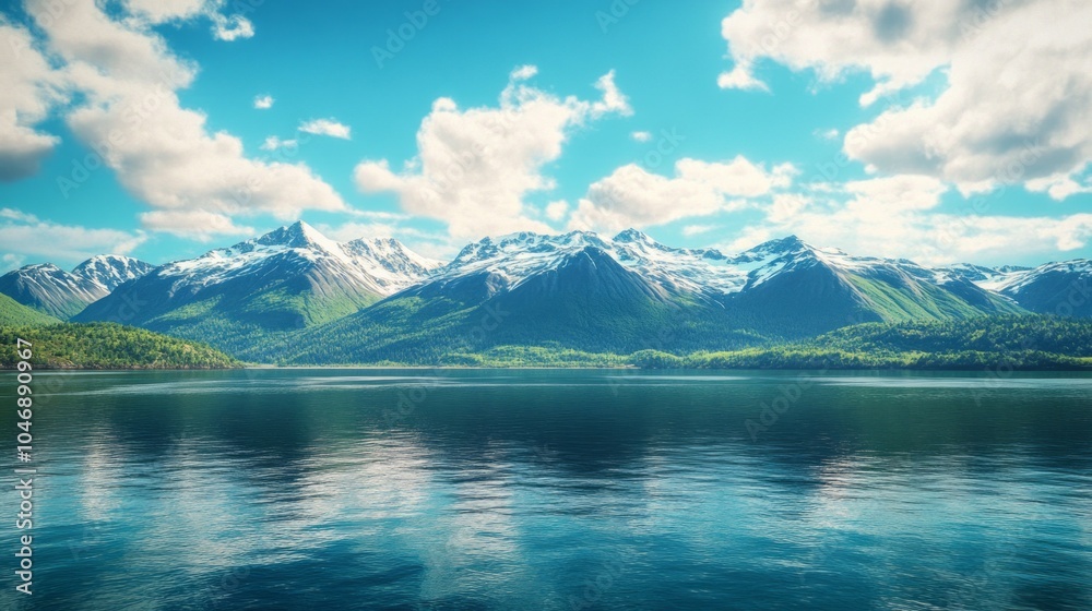 Poster a beautiful mountain range with a lake in the foreground