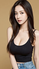 Fototapeta premium Close-Up Portrait of an Asian Woman with a Perfect Body, Beautiful Facial Features, Long Hair, Wearing a Tank Top and Jeans.