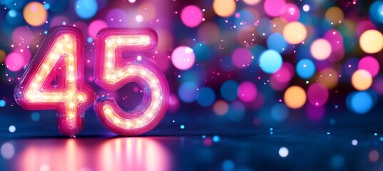 Number 45 Sign in Front of Defocused Vibrant Blue Pink Yellow and Teal Party Lights Background