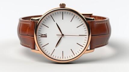 Elegant brown leather strap watch with minimalist white dial showcased on a light background