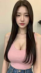 Fototapeta premium Close-Up Portrait of an Asian Woman with a Perfect Body, Beautiful Facial Features, Long Hair, Wearing a Tank Top and Jeans.