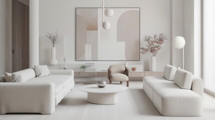 A contemporary living room design characterized by a minimalist white canvas background, Showcasing carefully curated furniture arrangements, Infusing a sense of modernity with minimalist flair