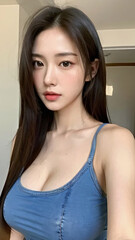 Fototapeta premium Close-Up Portrait of an Asian Woman with a Perfect Body, Beautiful Facial Features, Long Hair, Wearing a Tank Top and Jeans.