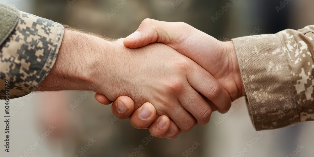 Wall mural hand shake between two military personnel, symbolizing unity and partnership.