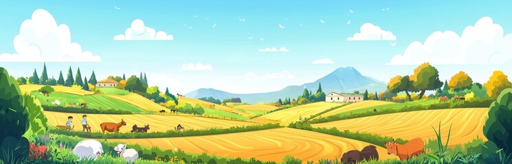 Cartoon illustration of a rural landscape with farm animals and people