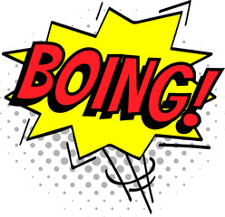 Vibrant cartoon boing sound effect bursting from a yellow star shape against a dotted background, conveying a sense of playful surprise and energetic excitement