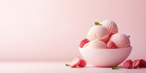 Ice cream scoops in a bowl with raspberries on a soft pink background.