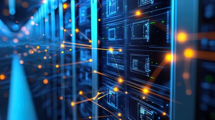 Data Center Servers with Glowing Connections