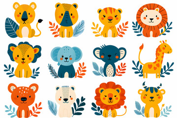 A set of 12 cute cartoon animals, including a lion, giraffe, elephant, bear and more.