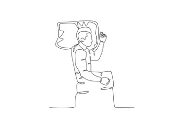 Single one line drawing young Happy man lying with pillow. Continuous line draw design graphic vector illustration