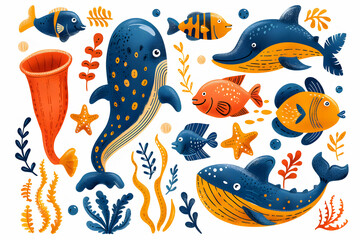 A colorful set of underwater creatures, including a whale, dolphin, fish, and starfish, on a white background.