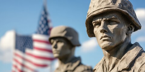 Military statues with flags, honor and remembrance, outdoor setting, blue sky background.