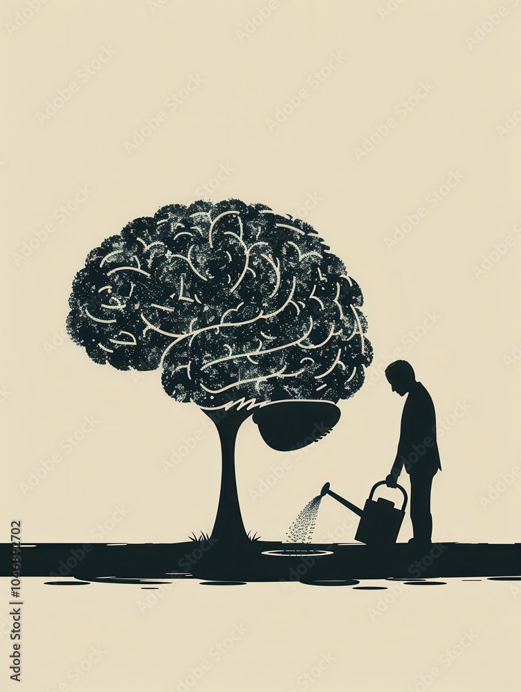 Poster a man is watering a tree shaped like a human brain, illustrating the nurturing of knowledge and crea