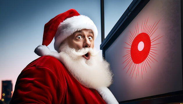 Claus at a billboard with a big red pointer staring down at his face in a shocking public d_1(241)