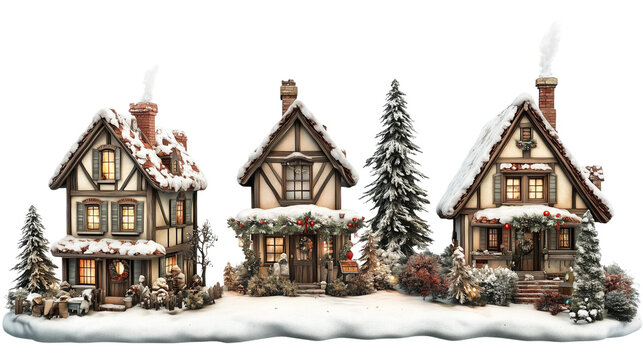 3 stylized Christmas village houses isolated on a white background - Powered by Adobe