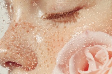 Fototapeta premium Close-up of freckled face with water droplets and pink rose petals