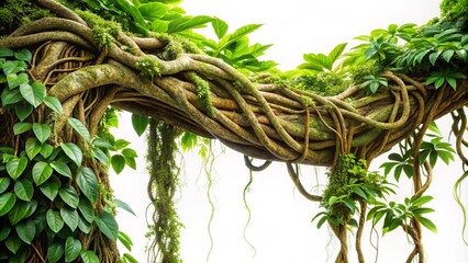 Messy jungle vines liana plant climbing hanging on jungle tree trunk and twisted around tree branch, isolated on transparent background.