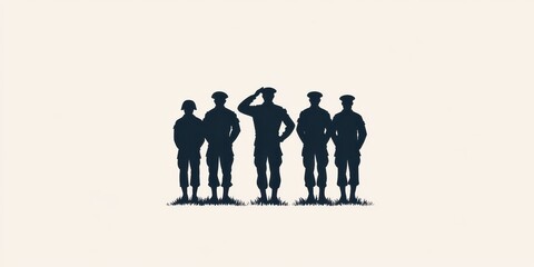 Silhouette of soldiers standing together, tribute to military service, isolated background.