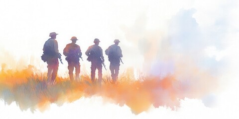 Fototapeta premium Silhouette of soldiers standing together, watercolor effect, abstract background.