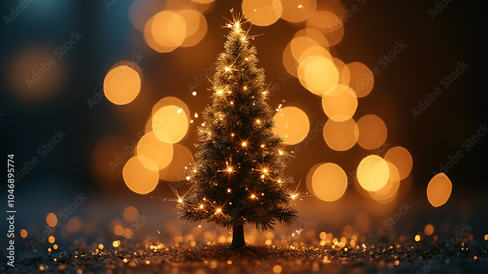 Poster christmas tree sparkles in a beautiful bokeh light with glitter background.
