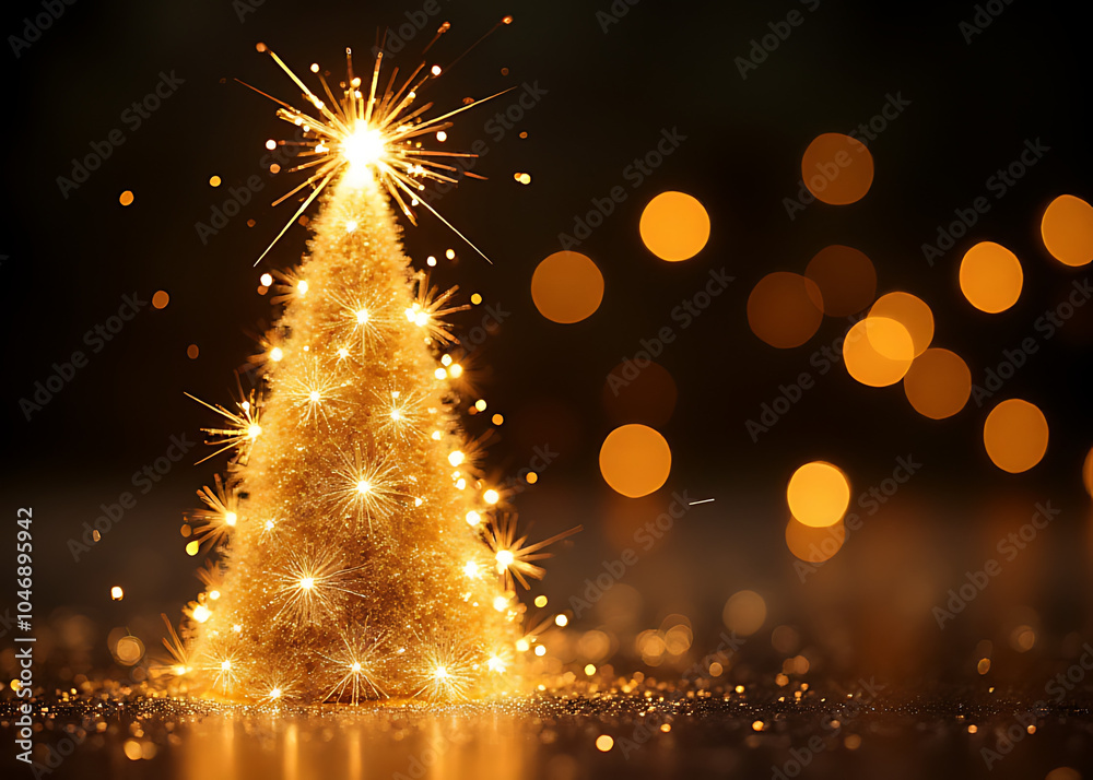 Poster christmas tree sparkles in a beautiful bokeh light with glitter background.