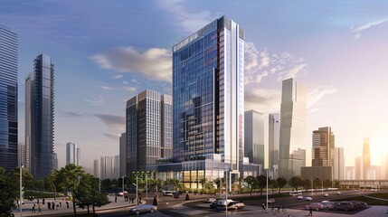 Obraz premium Modern Skyscraper Building with Green Landscaping and Blue Sky