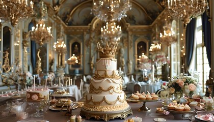 Fototapeta premium Opulent wedding cake surrounded by exquisite desserts in a luxurious ballroom setting adorned with crystal chandeliers and elegant decor