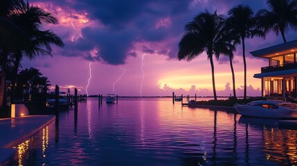Tropical Sunset with Lightning Strikes Over Water