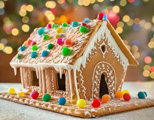 Gingerbread house decorated with lollies for christmas