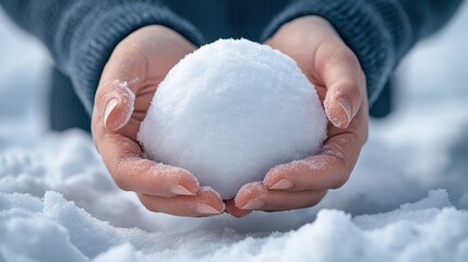 Hands holding a snowball in a winter landscape, surrounded by soft white snow.
