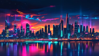 Fototapeta premium A vibrant vision of the future exploring a neon-lit urban skyline reflecting innovation and opportunity after dark