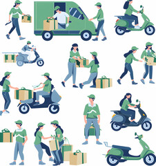 Fototapeta premium A set of illustrations depicting various delivery workers in different poses and situations.