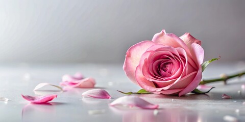 Fototapeta premium A pink rose's stem begins to wilt and slowly release its delicate petals, falling onto a soft, white surface, blooming, pink, flowers, wilted