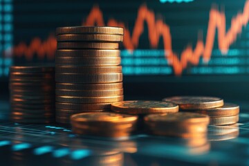 Stacks of coins with a stock chart in the background, showing the concept of financial growth, investment, and wealth.