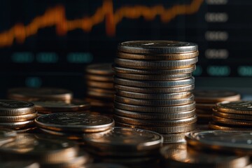 A stack of coins in front of a stock market chart, representing financial growth and wealth.