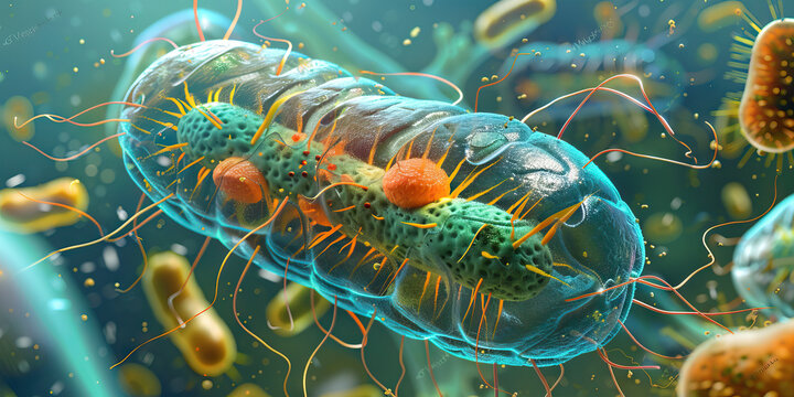 An artistic interpretation of a prokaryotic cell, emphasizing its simpler structure but similar genetic makeup as compared to eukaryotic cells.