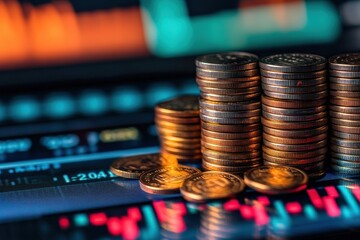 A stack of coins on a computer screen with stock market charts in the background.