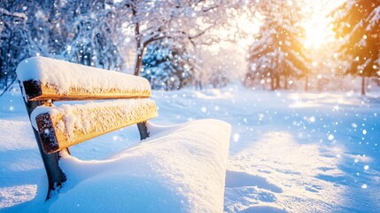 Peaceful Snow-Covered Bench in Serene Winter Park