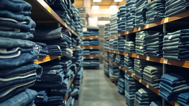 Aisle of folded blue jeans in a retail store