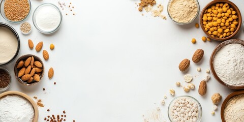 Various grains and nuts arranged on a white background.