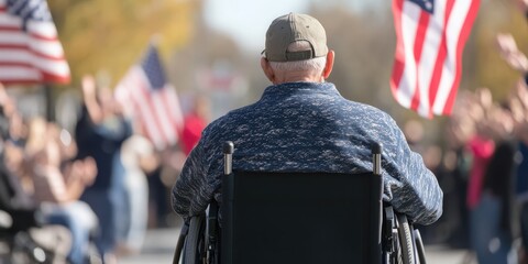 Veteran in wheelchair at a parade, surrounded by flags and supporters, emotional tribute.