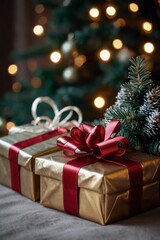 Happy New Year background.. A beautiful Merry Christmas tree with balls and gift boxes. New Year decoration