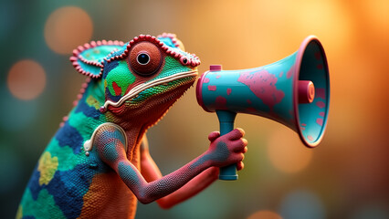 Fototapeta premium Colorful chameleon holding a megaphone against a vibrant bokeh background with warm and cool tones The scene is whimsical and lively 